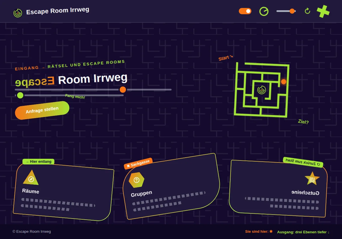 Vorschau der Vorlage Labyrinth: Webseite für Escape Rooms, Rätsel und Erlebnisse am Beispiel Escape Room Irrweg
